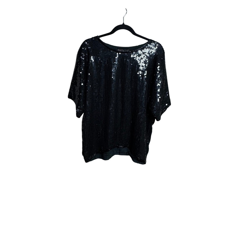 Royal Feelings Black Sequin Beaded Short‎ Sleeve Top Women's M